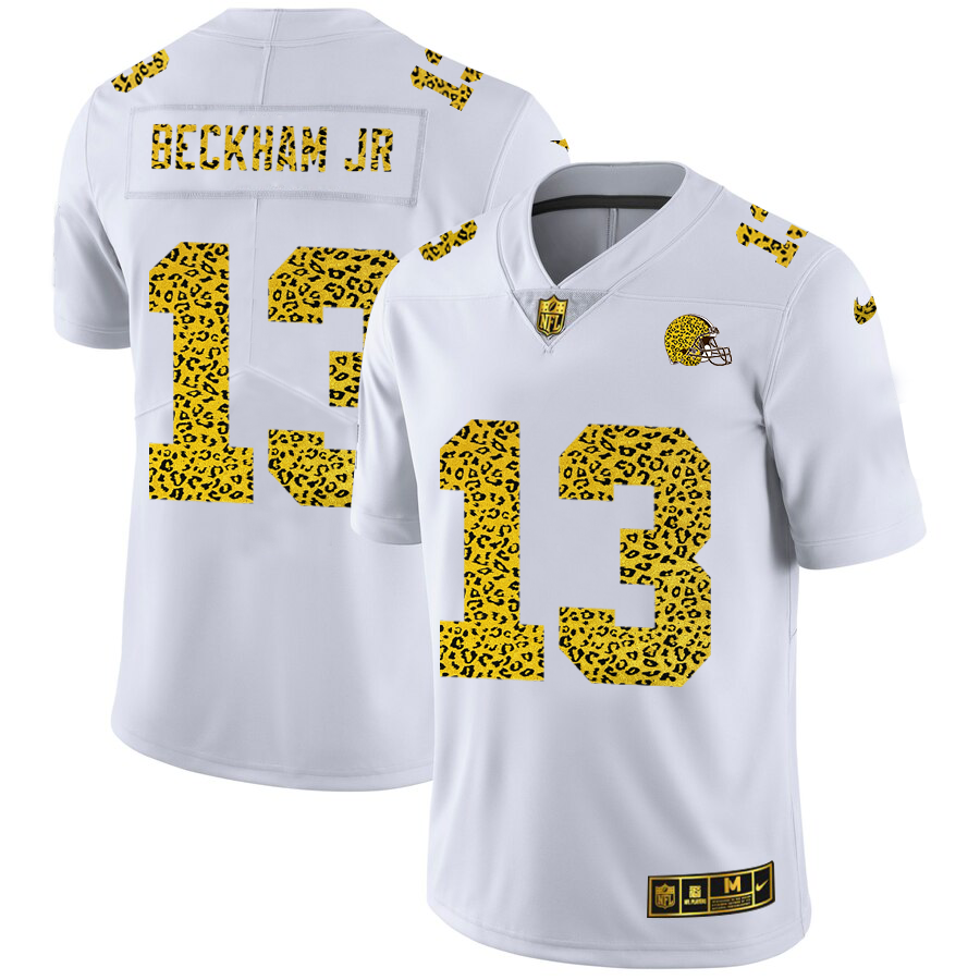 Custom Cleveland Browns 13 Odell Beckham Jr. Men Nike Flocked Leopard Print Vapor Limited NFL Jersey White